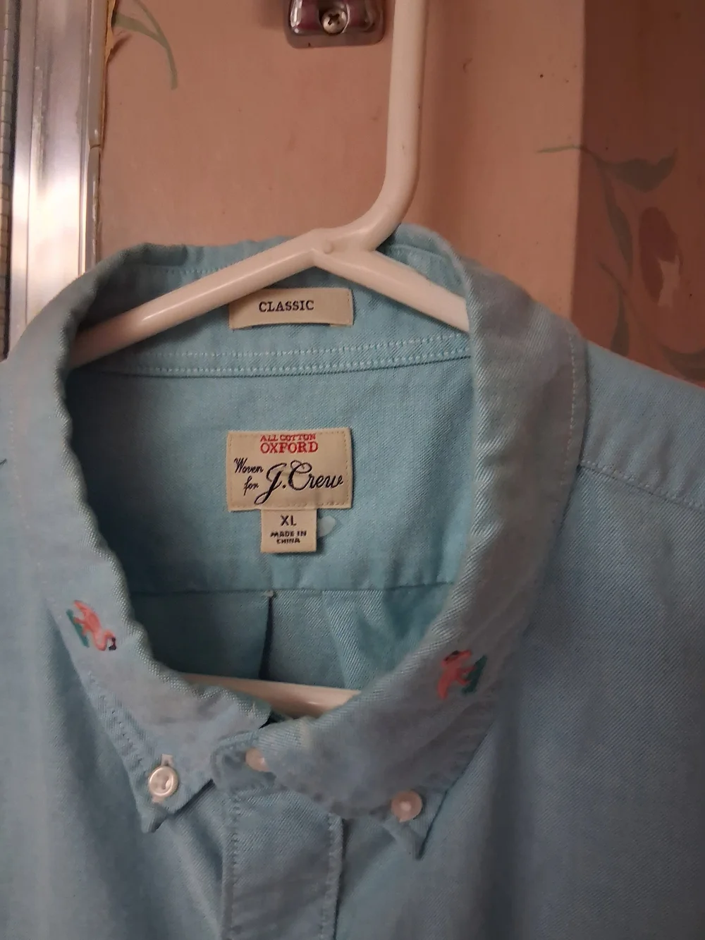 J. Crew Light Blue Short-Sleeve Button-Down Shirt with Flamingo Embroidery XL